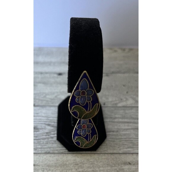 Cloisonne Enamel Teardrop Earrings Flower Stud Blue Gold Tone 1" Tall - Picture 1 of 4